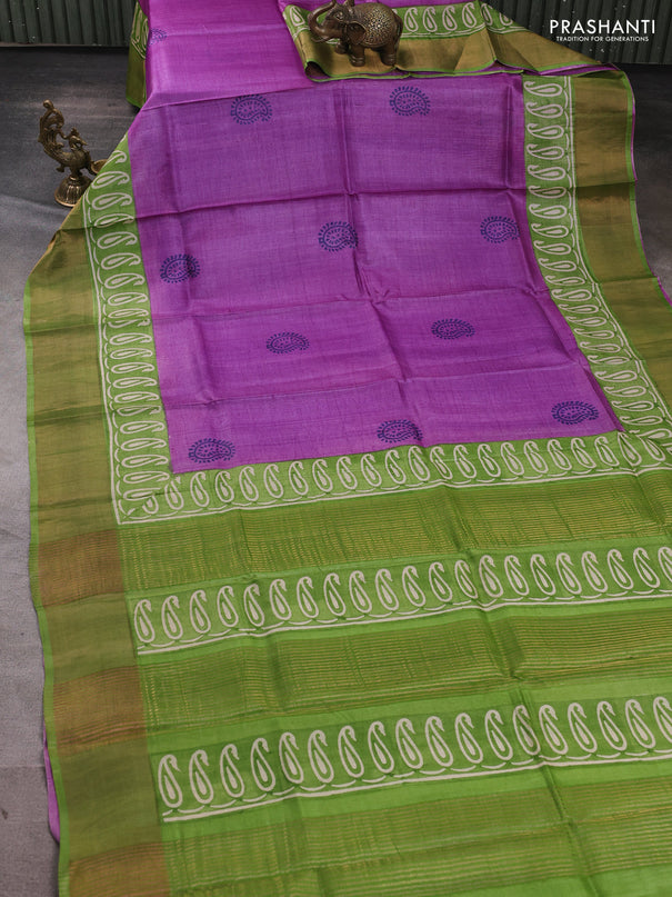 Pure tussar silk saree purple and light green with paisley butta prints and long printed zari woven border