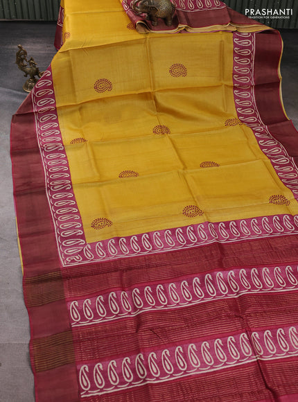 Pure tussar silk saree mustard yellow and maroon with paisley butta prints and long printed zari woven border