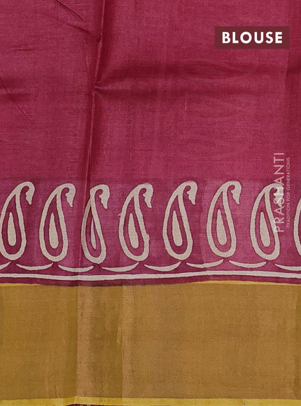 Pure tussar silk saree mustard yellow and maroon with paisley butta prints and long printed zari woven border