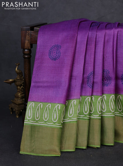 Pure tussar silk saree purple and light green with paisley butta prints and long printed zari woven border