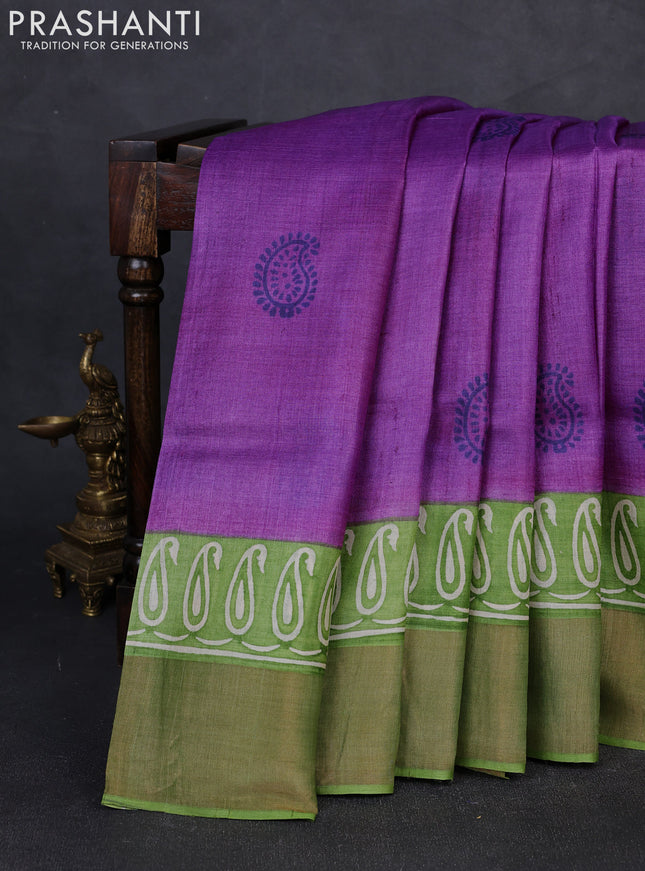 Pure tussar silk saree purple and light green with paisley butta prints and long printed zari woven border