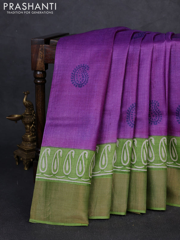 Pure tussar silk saree purple and light green with paisley butta prints and long printed zari woven border