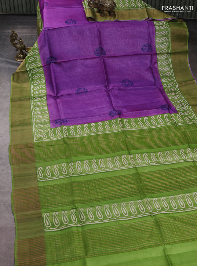 Pure tussar silk saree purple and light green with paisley butta prints and long printed zari woven border