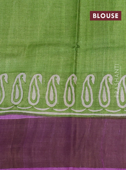 Pure tussar silk saree purple and light green with paisley butta prints and long printed zari woven border