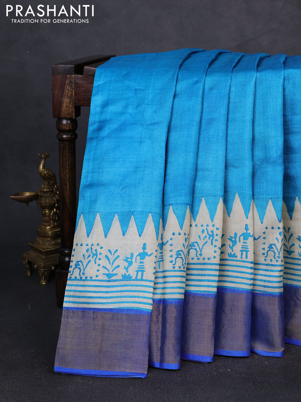 Pure tussar silk saree cs blue and indigo blue with plain body and warli prints