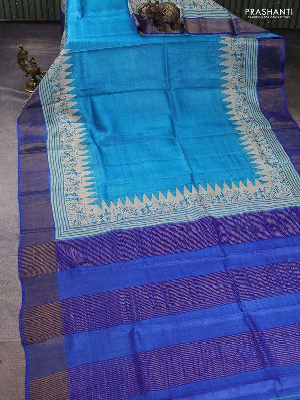 Pure tussar silk saree cs blue and indigo blue with plain body and warli prints