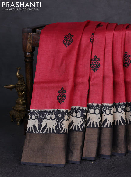 Pure tussar silk saree red and black with butta prints and patola printed zari woven border