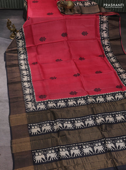 Pure tussar silk saree red and black with butta prints and patola printed zari woven border