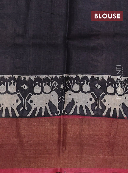 Pure tussar silk saree red and black with butta prints and patola printed zari woven border