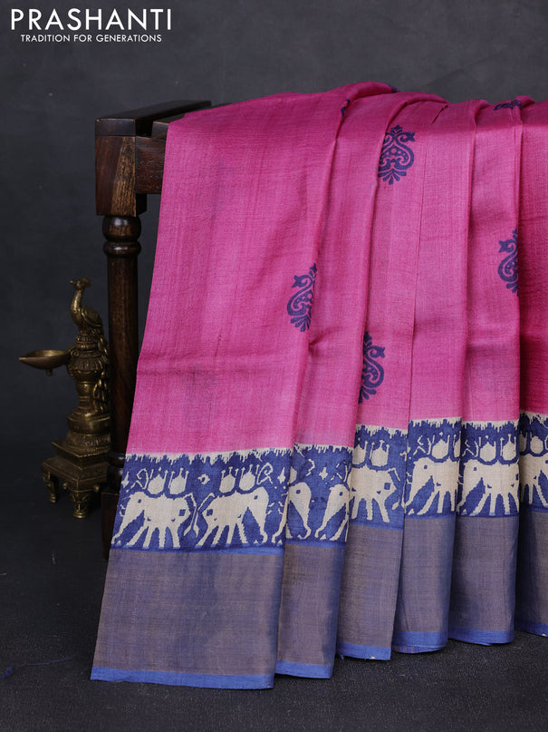 Pure tussar silk saree magenta pink and blue with butta prints and patola printed zari woven border