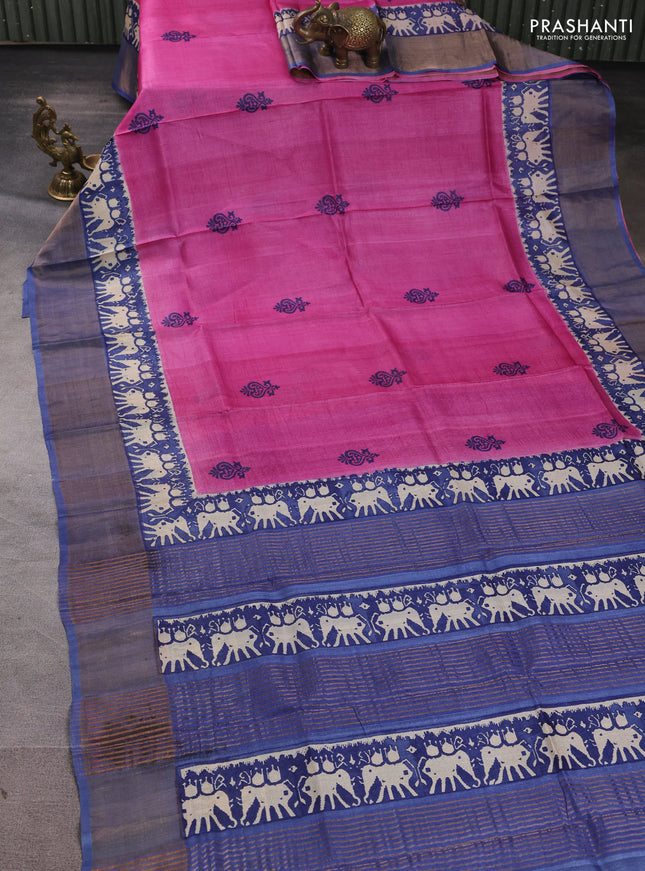 Pure tussar silk saree magenta pink and blue with butta prints and patola printed zari woven border