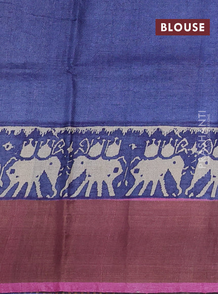 Pure tussar silk saree magenta pink and blue with butta prints and patola printed zari woven border
