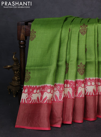 Pure tussar silk saree light green and maroon with butta prints and patola printed zari woven border