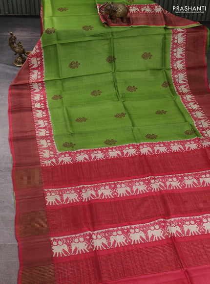 Pure tussar silk saree light green and maroon with butta prints and patola printed zari woven border