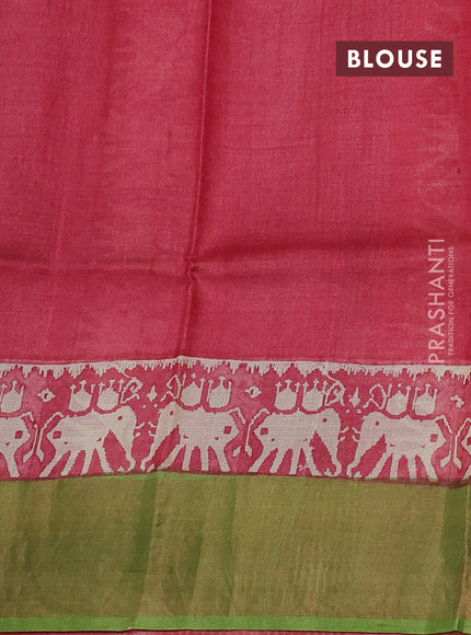 Pure tussar silk saree light green and maroon with butta prints and patola printed zari woven border