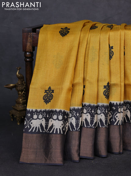 Pure tussar silk saree mustard yellow and black with butta prints and patola printed zari woven border