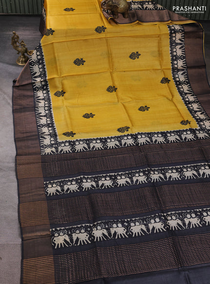 Pure tussar silk saree mustard yellow and black with butta prints and patola printed zari woven border