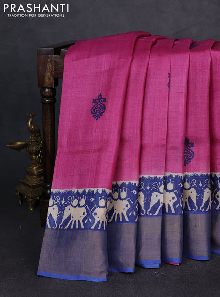 Pure tussar silk saree magenta pink and navy blue with butta prints and patola printed zari woven border