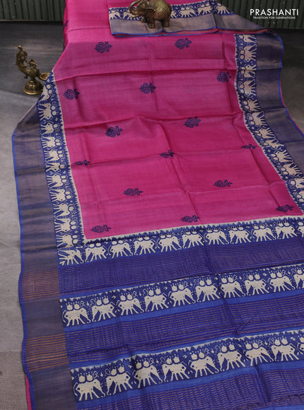 Pure tussar silk saree magenta pink and navy blue with butta prints and patola printed zari woven border