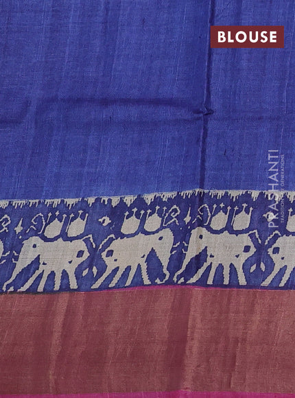 Pure tussar silk saree magenta pink and navy blue with butta prints and patola printed zari woven border