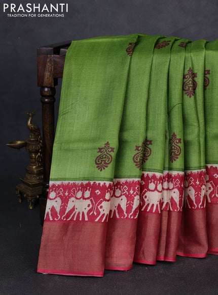 Pure tussar silk saree light green and maroon with butta prints and patola printed zari woven border