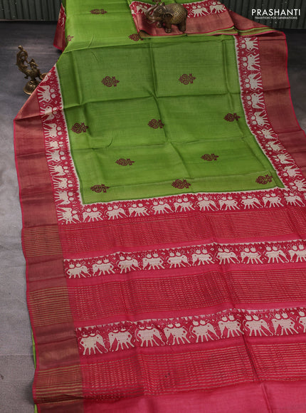 Pure tussar silk saree light green and maroon with butta prints and patola printed zari woven border