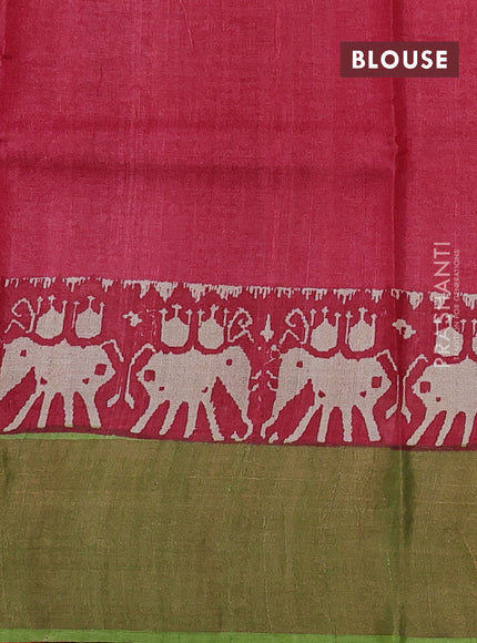 Pure tussar silk saree light green and maroon with butta prints and patola printed zari woven border