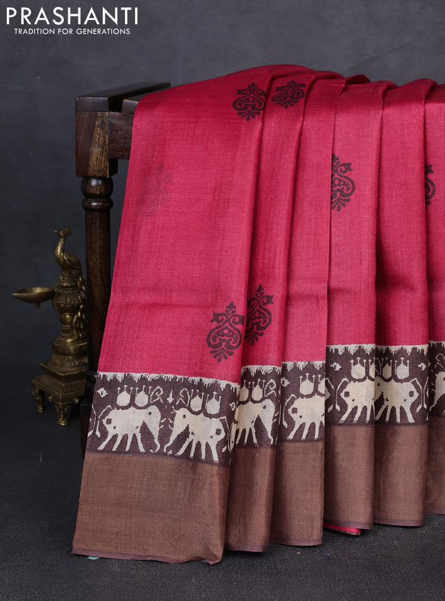 Pure tussar silk saree maroon and coffee brown with butta prints and patola printed zari woven border