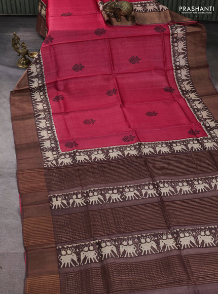 Pure tussar silk saree maroon and coffee brown with butta prints and patola printed zari woven border