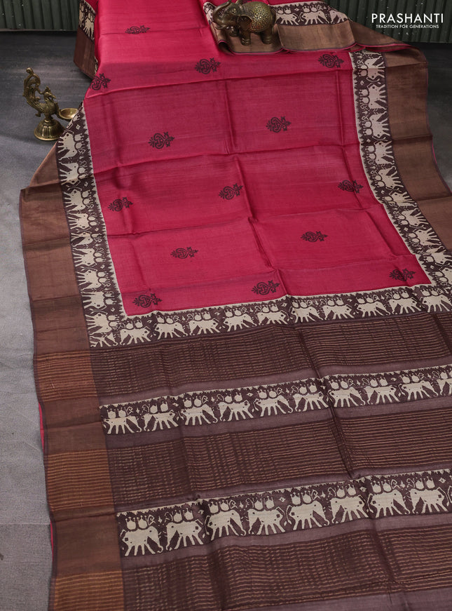 Pure tussar silk saree maroon and coffee brown with butta prints and patola printed zari woven border