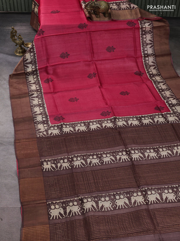 Pure tussar silk saree maroon and coffee brown with butta prints and patola printed zari woven border
