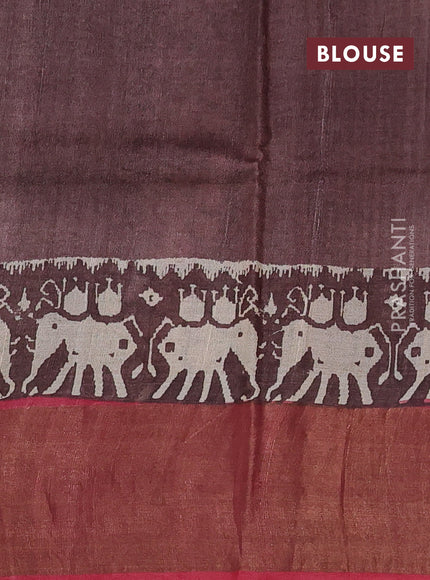 Pure tussar silk saree maroon and coffee brown with butta prints and patola printed zari woven border