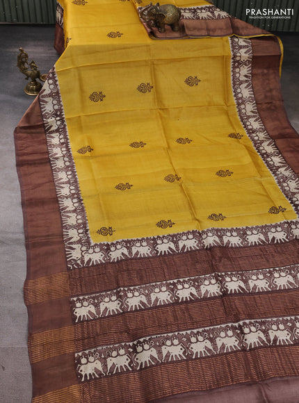 Pure tussar silk saree mustard yellow and coffee brown with butta prints and patola printed zari woven border