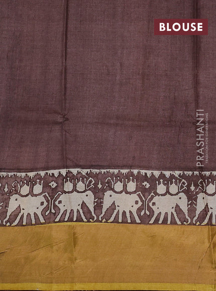 Pure tussar silk saree mustard yellow and coffee brown with butta prints and patola printed zari woven border