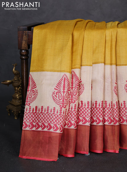 Pure tussar silk saree mustard yellow and maroon with plain body and long printed zari woven border