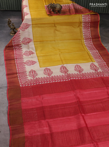 Pure tussar silk saree mustard yellow and maroon with plain body and long printed zari woven border