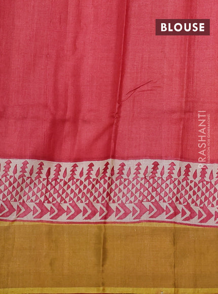 Pure tussar silk saree mustard yellow and maroon with plain body and long printed zari woven border
