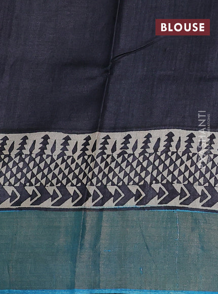 Pure tussar silk saree cs blue and beige black with plain body and long printed zari woven border