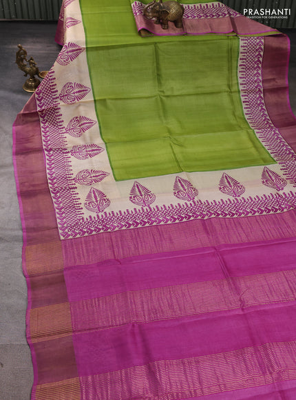 Pure tussar silk saree light green and purple with plain body and long printed zari woven border