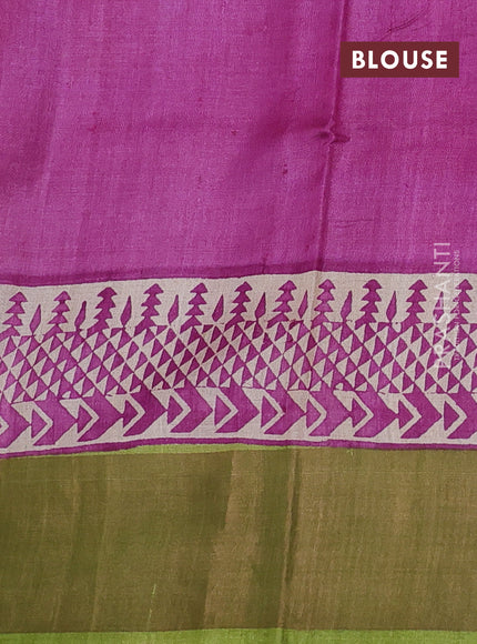 Pure tussar silk saree light green and purple with plain body and long printed zari woven border