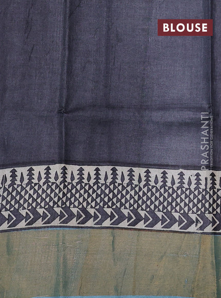 Pure tussar silk saree pastel blue and beige black with plain body and long printed zari woven border