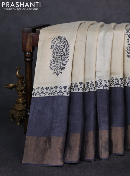 Pure tussar silk saree beige and grey with paisley butta prints and long simple zari woven border