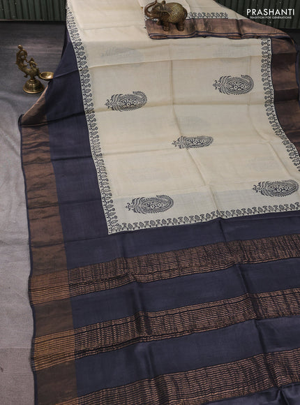 Pure tussar silk saree beige and grey with paisley butta prints and long simple zari woven border