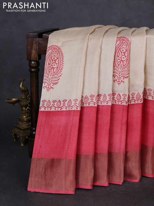 Pure tussar silk saree beige and tomato pink with paisley butta prints and long simple zari woven border