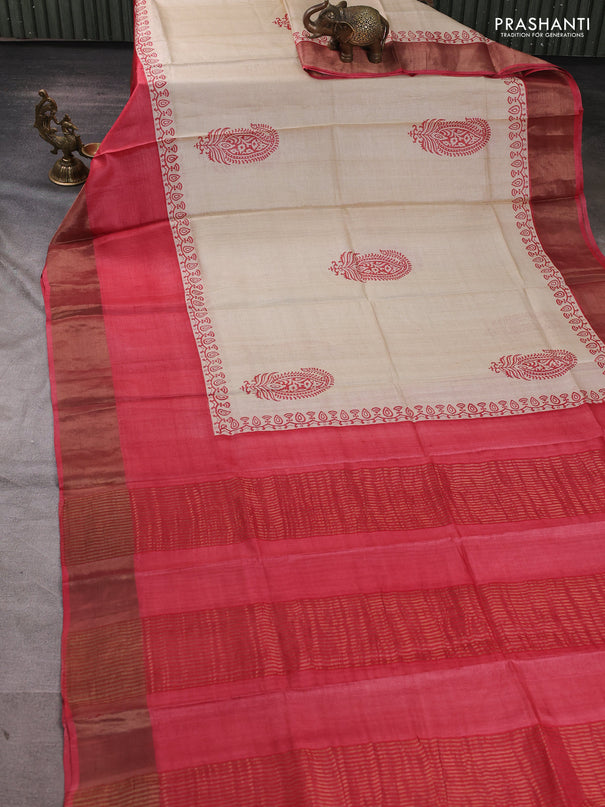Pure tussar silk saree beige and tomato pink with paisley butta prints and long simple zari woven border