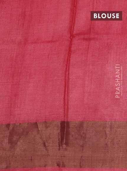 Pure tussar silk saree beige and tomato pink with paisley butta prints and long simple zari woven border
