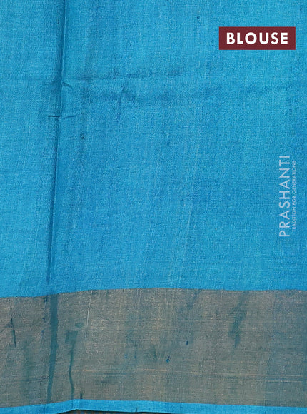 Pure tussar silk saree beige and teal blue with paisley butta prints and long simple zari woven border