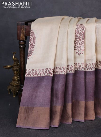 Pure tussar silk saree beige and rosy brown with paisley butta prints and long simple zari woven border