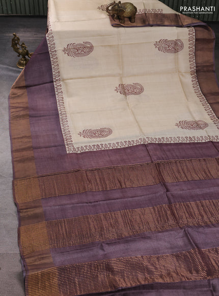 Pure tussar silk saree beige and rosy brown with paisley butta prints and long simple zari woven border