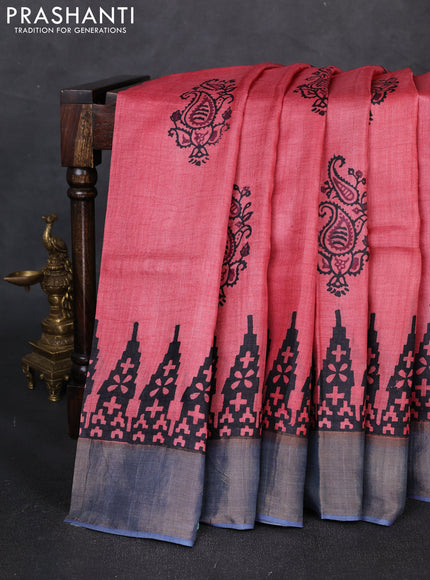 Pure tussar silk saree peach pink and grey with paisley butta prints and temple design zari woven border